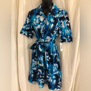 DKNY blue white floral multi button down belted shirt dress size 6 brand new